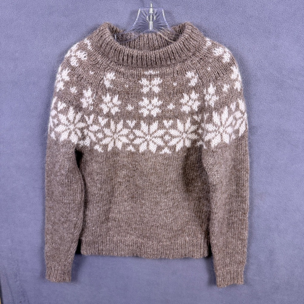 Authentic Icelandic Wool Sweater Womens S Lopapeysa Fair Isle Brown Snowflake